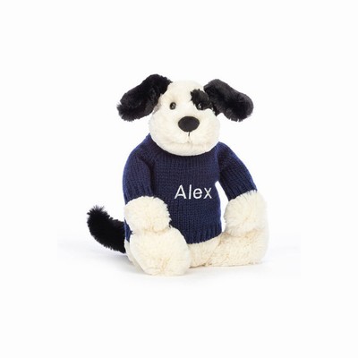 Jellycat Bashful Black & Cream Puppy with Navy Jumper Australia | 746230FPS